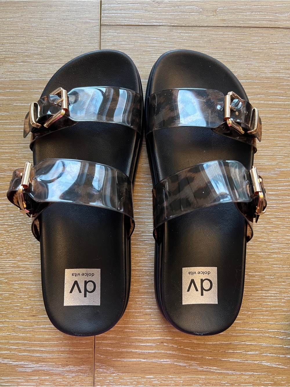Dolce Vita Black Slide Sandals with Clear Leopard Accent
